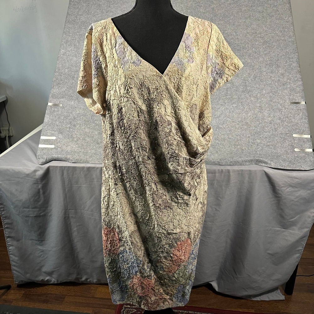 Adrianna Papell Sheath Dress Womens 18W Beige Floral Sequin Lace Faux Wrap